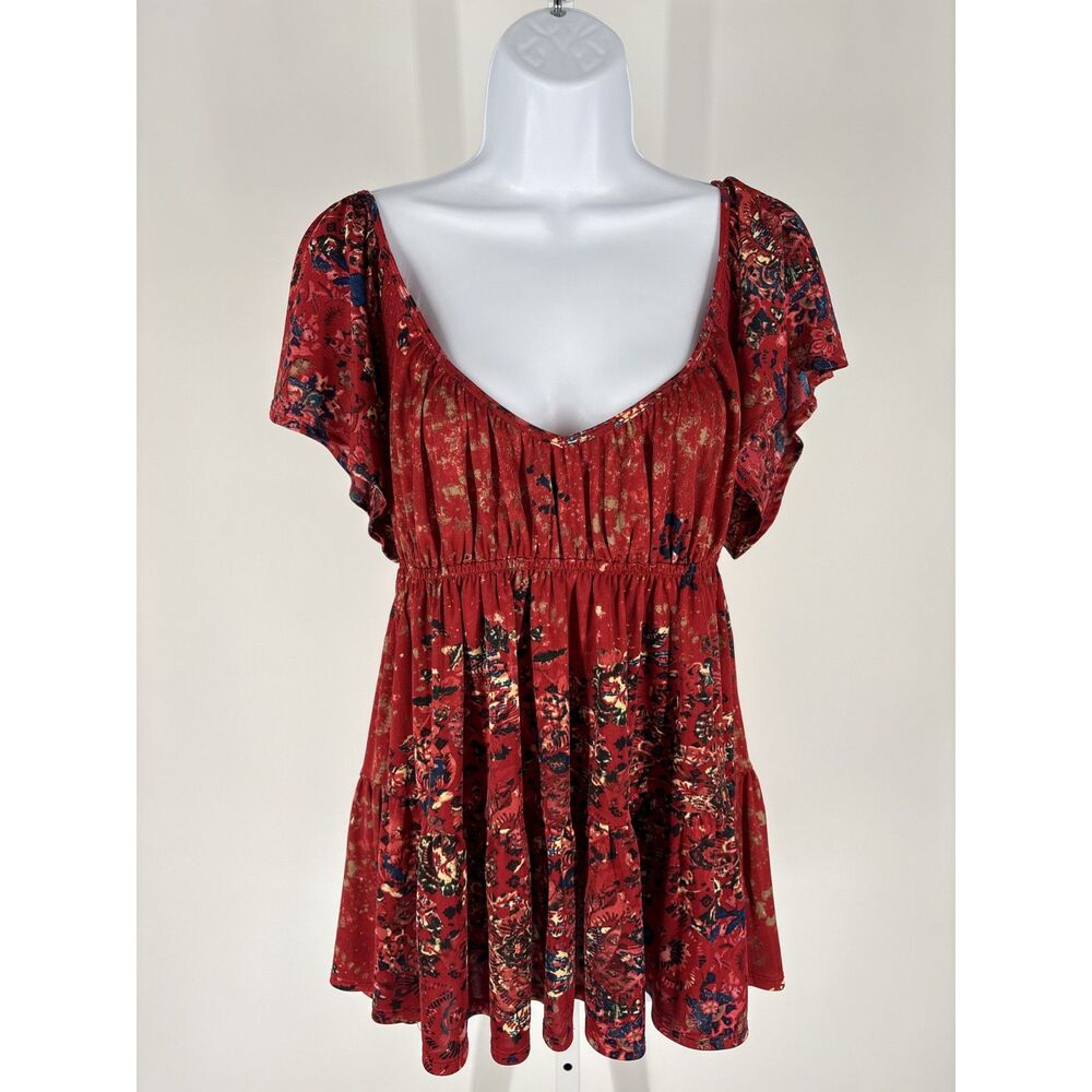 Free People Boho Babydoll Tunic Top | Red Floral Flutter Sleeve Peasant Blouse